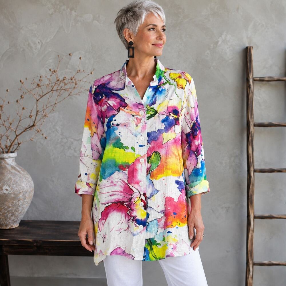 John mark multi watercolor floral Button Lagenlook Artsy top med